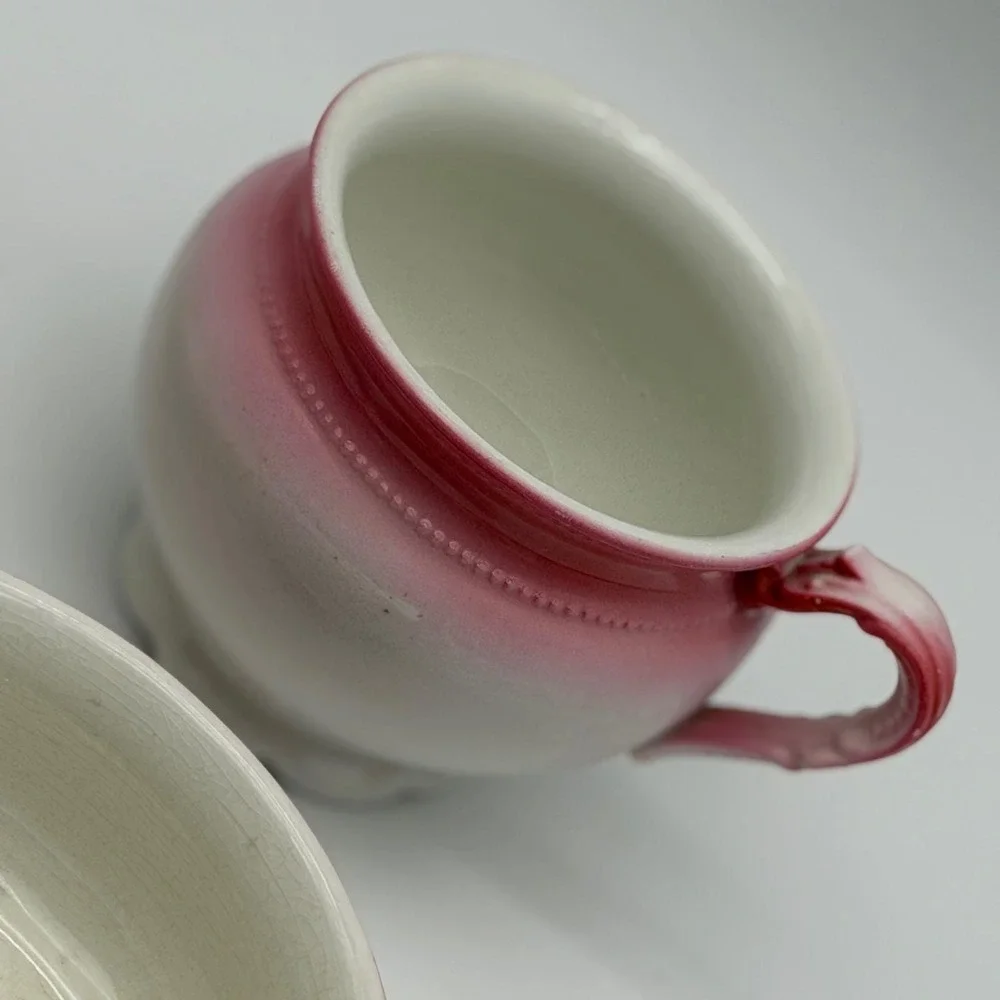 Antique E.P.P. Co Vashti Pink Ombre Ironstone Set Cup Bowl Tray 3pc Victorian